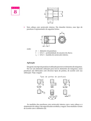 A U L A 
8 
· Sem cabeça com sextavado interno. Em desenho técnico, esse tipo de 
parafuso é representado da seguinte forma. 
onde: 
d = diâmetro do parafuso; 
t = 0,5 d = profundidade do encaixe da chave; 
s1 = 0,5 d = medida do sextavado interno. 
Aplicação 
Em geral, esse tipo de parafuso é utilizado para travar elementos de máquinas. 
Por ser um elemento utilizado para travar elementos de máquinas, esses 
parafusos são fabricados com diversos tipos de pontas, de acordo com sua 
utilização. Veja a seguir: 
As medidas dos parafusos com sextavado interno com e sem cabeça e o 
alojamento da cabeça, são especificadas na tabela, a seguir. Essa medidas variam 
de acordo com o diâmetro (d). 
 