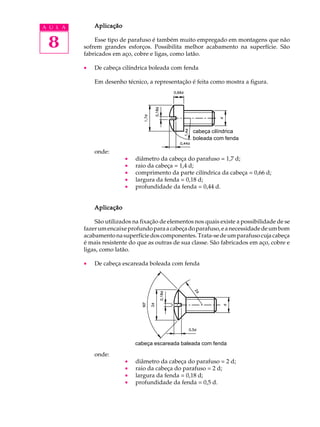 A U L A Aplicação 
8 
Esse tipo de parafuso é também muito empregado em montagens que não 
sofrem grandes esforços. Possibilita melhor acabamento na superfície. São 
fabricados em aço, cobre e ligas, como latão. 
· De cabeça cilíndrica boleada com fenda 
Em desenho técnico, a representação é feita como mostra a figura. 
onde: 
cabeça cilíndrica 
boleada com fenda 
· diâmetro da cabeça do parafuso = 1,7 d; 
· raio da cabeça = 1,4 d; 
· comprimento da parte cilíndrica da cabeça = 0,66 d; 
· largura da fenda = 0,18 d; 
· profundidade da fenda = 0,44 d. 
Aplicação 
São utilizados na fixação de elementos nos quais existe a possibilidade de se 
fazer um encaixe profundo para a cabeça do parafuso, e a necessidade de um bom 
acabamento na superfície dos componentes. Trata-se de um parafuso cuja cabeça 
é mais resistente do que as outras de sua classe. São fabricados em aço, cobre e 
ligas, como latão. 
· De cabeça escareada boleada com fenda 
onde: 
cabeça escareada baleada com fenda 
· diâmetro da cabeça do parafuso = 2 d; 
· raio da cabeça do parafuso = 2 d; 
· largura da fenda = 0,18 d; 
· profundidade da fenda = 0,5 d. 
 