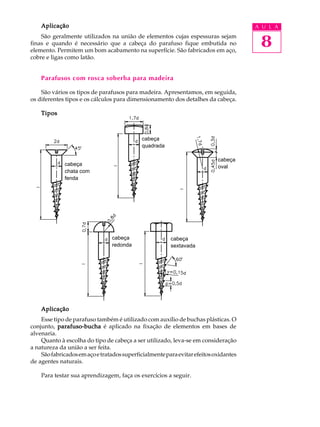 Aplicação A U L A 
São geralmente utilizados na união de elementos cujas espessuras sejam 
8 
finas e quando é necessário que a cabeça do parafuso fique embutida no 
elemento. Permitem um bom acabamento na superfície. São fabricados em aço, 
cobre e ligas como latão. 
Parafusos com rosca soberba para madeira 
São vários os tipos de parafusos para madeira. Apresentamos, em seguida, 
os diferentes tipos e os cálculos para dimensionamento dos detalhes da cabeça. 
Tipos 
cabeça 
quadrada 
cabeça 
chata com 
fenda 
Aplicação 
Esse tipo de parafuso também é utilizado com auxílio de buchas plásticas. O 
conjunto, parafuso-bucha é aplicado na fixação de elementos em bases de 
alvenaria. 
Quanto à escolha do tipo de cabeça a ser utilizado, leva-se em consideração 
a natureza da união a ser feita. 
São fabricados em aço e tratados superficialmente para evitar efeitos oxidantes 
de agentes naturais. 
Para testar sua aprendizagem, faça os exercícios a seguir. 
cabeça 
oval 
cabeça 
sextavada 
cabeça 
redonda 
 