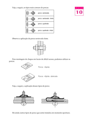Veja, a seguir, os tipos mais comuns de porcas. A U L A 
10 
Observe a aplicação da porca sextavada chata. 
Para montagem de chapas em locais de difícil acesso, podemos utilizar as 
porcas: 
Veja, a seguir, a aplicação desses tipos de porca. 
Há ainda outros tipos de porca que serão tratados em momento oportuno. 
 