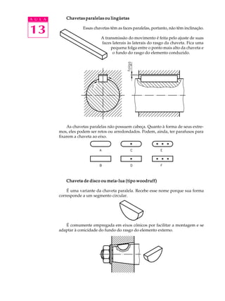 A U L A Chavetas paralelas ou lingüetas 
13 
Essas chavetas têm as faces paralelas, portanto, não têm inclinação. 
A transmissão do movimento é feita pelo ajuste de suas 
faces laterais às laterais do rasgo da chaveta. Fica uma 
pequena folga entre o ponto mais alto da chaveta e 
o fundo do rasgo do elemento conduzido. 
As chavetas paralelas não possuem cabeça. Quanto à forma de seus extre-mos, 
eles podem ser retos ou arredondados. Podem, ainda, ter parafusos para 
fixarem a chaveta ao eixo. 
Chaveta de disco ou meia-lua (tipo woodruff) 
É uma variante da chaveta paralela. Recebe esse nome porque sua forma 
corresponde a um segmento circular. 
É comumente empregada em eixos cônicos por facilitar a montagem e se 
adaptar à conicidade do fundo do rasgo do elemento externo. 
 