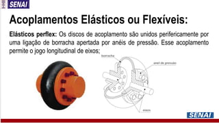Acoplamentos Elásticos ou Flexíveis:
Elásticos perflex: Os discos de acoplamento são unidos perifericamente por
uma ligação de borracha apertada por anéis de pressão. Esse acoplamento
permite o jogo longitudinal de eixos;
 