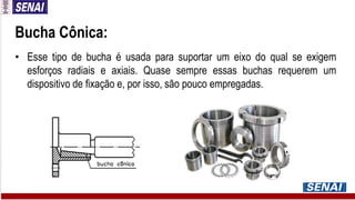 Bucha Cônica:
• Esse tipo de bucha é usada para suportar um eixo do qual se exigem
esforços radiais e axiais. Quase sempre essas buchas requerem um
dispositivo de fixação e, por isso, são pouco empregadas.
 