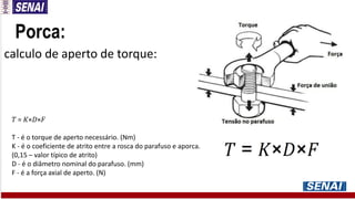Porca:
calculo de aperto de torque:
𝑇 = 𝐾×𝐷×𝐹
T - é o torque de aperto necessário. (Nm)
K - é o coeficiente de atrito entre a rosca do parafuso e aporca.
(0,15 – valor típico de atrito)
D - é o diâmetro nominal do parafuso. (mm)
F - é a força axial de aperto. (N)
 