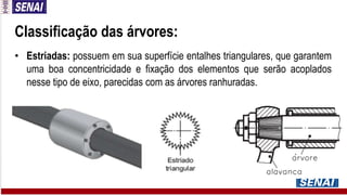 Classificação das árvores:
• Estriadas: possuem em sua superfície entalhes triangulares, que garantem
uma boa concentricidade e fixação dos elementos que serão acoplados
nesse tipo de eixo, parecidas com as árvores ranhuradas.
 