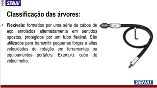 Classificação das árvores:
• Flexíveis: formados por uma série de cabos de
aço enrolados alternadamente em sentidos
opostos, protegidos por um tubo flexível. São
utilizados para transmitir pequenas forças e altas
velocidades de rotação em ferramentas ou
equipamentos portáteis. Exemplo: cabo de
velocímetro.
 