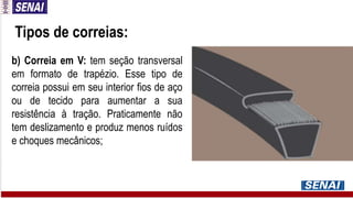 Tipos de correias:
b) Correia em V: tem seção transversal
em formato de trapézio. Esse tipo de
correia possui em seu interior fios de aço
ou de tecido para aumentar a sua
resistência à tração. Praticamente não
tem deslizamento e produz menos ruídos
e choques mecânicos;
 