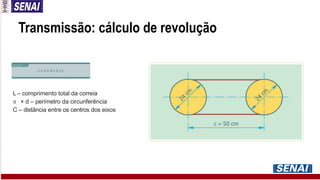 Transmissão: cálculo de revolução
L – comprimento total da correia
 × d – perímetro da circunferência
C – distância entre os centros dos eixos
 