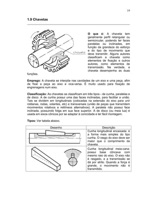 19
1.9 Chavetas
O que é: A chaveta tem
geralmente perfil retangular ou
semicircular, podendo ter faces
paralelas ou inclinadas, em
função da grandeza do esforço
e do tipo de movimento que
deve transmitir. Alguns autores
classificam a chaveta como
elementos de fixação e outros
autores, como elementos de
transmissão. Na verdade, a
chaveta desempenha as duas
funções.
Emprego: A chaveta se interpõe nas cavidades de um eixo e uma peça, afim
de fixar a peça ao eixo e vice-versa. É muito usado para fixação de
engrenagens num eixo.
Classificação: As chavetas se classificam em três tipos - de cunha, paralelas e
de disco. A de cunha possui uma das faces inclinadas, para facilitar a união.
Tais se dividem em longitudinais (colocadas na extensão do eixo para unir
roldanas, rodas, volantes, etc) e transversais (união de peças que transmitem
movimentos rotativos e retilíneos alternativos). A paralela não possui face
inclinada, possuindo folga em sua face superior. A de disco (ou meia lua) é
usada em eixos cônicos por se adaptar à conicidade e ter fácil montagem.
Tipos: Ver tabela abaixo.
Desenho Descrição
Cunha longitudinal encaixada: é
a forma mais simples do tipo
cunha. O rasgo do eixo deve ser
maior que o comprimento da
chaveta.
Cunha longitudinal meia-cana:
possui base côncava com
mesmo raio do eixo. O eixo não
é rasgado, e a transmissão se
dá por atrito. Quando a força é
grande, o movimento não é
transmitido.
 