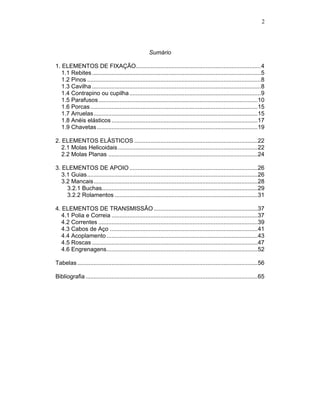 2
Sumário
1. ELEMENTOS DE FIXAÇÃO.............................................................................4
1.1 Rebites........................................................................................................5
1.2 Pinos ...........................................................................................................8
1.3 Cavilha ........................................................................................................8
1.4 Contrapino ou cupilha.................................................................................9
1.5 Parafusos..................................................................................................10
1.6 Porcas.......................................................................................................15
1.7 Arruelas.....................................................................................................15
1.8 Anéis elásticos ..........................................................................................17
1.9 Chavetas...................................................................................................19
2. ELEMENTOS ELÁSTICOS ............................................................................22
2.1 Molas Helicoidais......................................................................................22
2.2 Molas Planas ............................................................................................24
3. ELEMENTOS DE APOIO...............................................................................26
3.1 Guias.........................................................................................................26
3.2 Mancais.....................................................................................................28
3.2.1 Buchas................................................................................................29
3.2.2 Rolamentos ........................................................................................31
4. ELEMENTOS DE TRANSMISSÃO................................................................37
4.1 Polia e Correia ..........................................................................................37
4.2 Correntes ..................................................................................................39
4.3 Cabos de Aço ...........................................................................................41
4.4 Acoplamento .............................................................................................43
4.5 Roscas ......................................................................................................47
4.6 Engrenagens.............................................................................................52
Tabelas ...............................................................................................................56
Bibliografia..........................................................................................................65
 