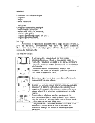 35
Defeitos:
Os defeitos comuns ocorrem por:
· desgaste;
· fadiga;
· falhas mecânicas.
1. Desgaste
O desgaste pode ser causado por:
· deficiência de lubrificação;
· presença de partículas abrasivas;
· oxidação (ferrugem);
· desgaste por patinação (girar em falso);
· desgaste por brinelamento.
2. Fadiga
A origem da fadiga está no deslocamento da peça, ao girar em falso. A
peça se descasca, principalmente nos casos de carga excessiva.
Descascamento parcial revela fadiga por desalinhamento, ovalização ou por
conificação do alojamento.
3. Falhas mecânicas
O brinelamento é caracterizado por depressões
correspondentes aos roletes ou esferas nas pistas do
rolamento. Resulta de aplicação da pré-carga, sem girar o
rolamento, ou da prensagem do rolamento com excesso de
interferência.
Goivagem é defeito semelhante ao anterior, mas
provocado por partículas estranhas que ficam prensadas
pelo rolete ou esfera nas pistas.
Sulcamento é provocado pela batida de uma ferramenta
qualquer sobre a pista rolante.
Queima por corrente elétrica é geralmente provocada pela
passagem da corrente elétrica durante a soldagem. As
pequenas áreas queimadas evoluem rapidamente com o
uso do rolamento e provocam o deslocamento da pista
rolante.
As rachaduras e fraturas resultam, geralmente, de
aperto excessivo do anel ou cone sobre o eixo. Podem,
também, aparecer como resultado do girar do anel sobre
o eixo, acompanhado de sobrecarga.
-
O engripamento pode ocorrer devido a lubrificante muito
espesso ou viscoso. Pode acontecer, também, por
eliminação de folga nos roletes ou esferas por aperto
excessivo.
 