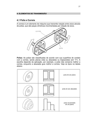 37
4. ELEMENTOS DE TRANSMISSÃO
4.1 Polia e Correia
A correia é um elemento de máquina que transmite rotação entre eixos através
de polias, que são peças cilíndricas movimentadas por rotação de eixos.
Polias: As polias são classificadas de acordo com sua superfície de contato
com a correia, sendo planas (reta ou abaulada) ou trapezoidais (em “V”). A
escolha depende da aplicação, por exemplo, a polia reta conserva melhor a
correia, enquanto a abaulada guia melhor a correia. Veja os tipos na tabela
abaixo.
 