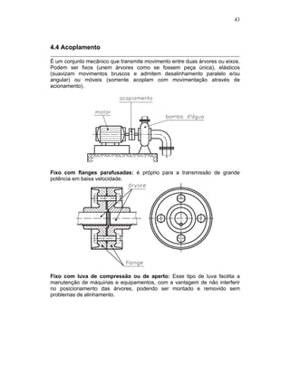 43
4.4 Acoplamento
É um conjunto mecânico que transmite movimento entre duas árvores ou eixos.
Podem ser fixos (unem árvores como se fossem peça única), elásticos
(suavizam movimentos bruscos e admitem desalinhamento paralelo e/ou
angular) ou móveis (somente acoplam com movimentação através de
acionamento).
Fixo com flanges parafusadas: é próprio para a transmissão de grande
potência em baixa velocidade.
Fixo com luva de compressão ou de aperto: Esse tipo de luva facilita a
manutenção de máquinas e equipamentos, com a vantagem de não interferir
no posicionamento das árvores, podendo ser montado e removido sem
problemas de alinhamento.
 