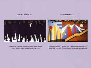 América no invoco tu nombre en vano. Gracia Barrios.
1970. Técnica mixta sobre tela. 160 x 301 cm.
Geometría Andina. . Vergara Grez. Cerámica policromada.1993.
Superficie: 170 mt2. Estación metro Los Leones. Santiago Chile.
Forma Abierta Forma Cerrada
 