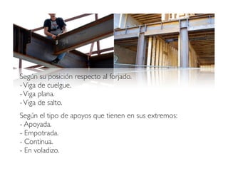 Según su posición respecto al forjado.
-Viga de cuelgue.
-Viga plana.
-Viga de salto.
Según el tipo de apoyos que tienen en sus extremos:
- Apoyada.
- Empotrada.
- Continua.
- En voladizo.
 