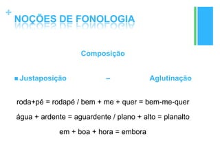 +
NOÇÕES DE FONOLOGIA
Composição
 Justaposição – Aglutinação
roda+pé = rodapé / bem + me + quer = bem-me-quer
água + ardente = aguardente / plano + alto = planalto
em + boa + hora = embora
 