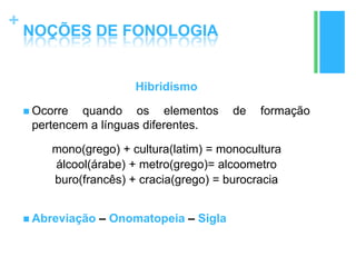 +
NOÇÕES DE FONOLOGIA
Hibridismo
 Ocorre quando os elementos de formação
pertencem a línguas diferentes.
mono(grego) + cultura(latim) = monocultura
álcool(árabe) + metro(grego)= alcoometro
buro(francês) + cracia(grego) = burocracia
 Abreviação – Onomatopeia – Sigla
 