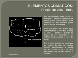 Las precipitaciones se producen por gravedad, cuando el tamaño de la gotita de agua que compone la nube aumenta y su peso es mayor que la fuerza del aire ascendente.  Para que llueva debe haber agua condensada en la atmósfera (nubes) y esta se condensa cuando la masas de aire ascienden y se enfrían, condensándose el vapor de agua. Por lo tanto, cuando hay ascensos de masas de aire, se pueden producir precipitaciones, y cuando se produce lo contrario (el aire desciende) hay tiempo estable y soleado. Elaboración propia 