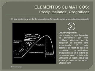El aire asciende y por tanto se condensa formando nubes y precipitaciones cuando 2 Lluvia Orográfica: Las masas de aire húmedas se encuentran con una cordillera viéndose en la obligación de elevarse para sobrepasarla. En este ascenso, el vapor de agua se condensa, produciéndose precipitaciones en la ladera de barlovento, siendo la ladera de Sotavento un lugar seco, pues el aire ya baja sin humedad. Efecto Foëhn  Elaboración propia 