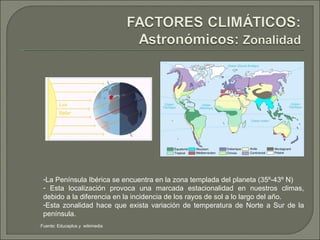 La Península Ibérica se encuentra en la zona templada del planeta (35º-43º N) Esta localización provoca una marcada estacionalidad en nuestros climas, debido a la diferencia en la incidencia de los rayos de sol a lo largo del año.  Esta zonalidad hace que exista variación de temperatura de Norte a Sur de la península.  Fuente: Educaplus y  wikimedia 