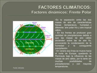 Es la separación entre las dos masas de aire de características físicas (temperatura, humedad...) diferente: aire polar frío y aire tropical cálido. En los frentes se producen gran cantidad de precipitaciones debido a que las masas de aire cálido ascienden sobre las de aire fío, provocando la condensación de la humedad y la consiguiente precipitación. En verano esa línea se mueve hacia el norte de Europa, quedando la Península bajo la influencia de las masas de aire cálido, por lo tanto sin muchas posibilidades de precipitaciones y con mayores temperaturas. Fuente: wikimedia 