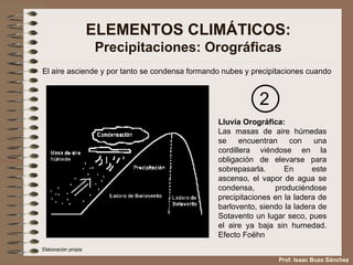ELEMENTOS CLIMÁTICOS: Precipitaciones: Orográficas El aire asciende y por tanto se condensa formando nubes y precipitaciones cuando 2 Lluvia Orográfica: Las masas de aire húmedas se encuentran con una cordillera viéndose en la obligación de elevarse para sobrepasarla. En este ascenso, el vapor de agua se condensa, produciéndose precipitaciones en la ladera de barlovento, siendo la ladera de Sotavento un lugar seco, pues el aire ya baja sin humedad. Efecto Foëhn  Elaboración propia Prof. Isaac Buzo Sánchez 