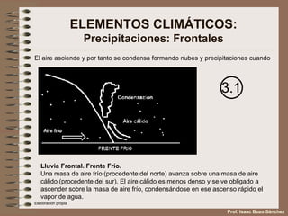 ELEMENTOS CLIMÁTICOS: Precipitaciones: Frontales El aire asciende y por tanto se condensa formando nubes y precipitaciones cuando Lluvia Frontal. Frente Frío. Una masa de aire frío (procedente del norte) avanza sobre una masa de aire cálido (procedente del sur). El aire cálido es menos denso y se ve obligado a ascender sobre la masa de aire frío, condensándose en ese ascenso rápido el vapor de agua. Elaboración propia Prof. Isaac Buzo Sánchez 3.1 