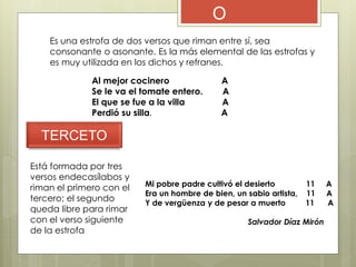 O
Es una estrofa de dos versos que riman entre sí, sea
consonante o asonante. Es la más elemental de las estrofas y
es muy utilizada en los dichos y refranes.
Al mejor cocinero A
Se le va el tomate entero. A
El que se fue a la villa A
Perdió su silla. A
TERCETO
Está formada por tres
versos endecasílabos y
riman el primero con el
tercero; el segundo
queda libre para rimar
con el verso siguiente
de la estrofa
Mi pobre padre cultivó el desierto 11 A
Era un hombre de bien, un sabio artista, 11 A
Y de vergüenza y de pesar a muerto 11 A
Salvador Díaz Mirón
 