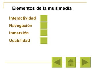Elementos de la multimedia Interactividad Navegación Inmersión Usabilidad 