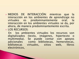  MEDIOS DE INTERACCIÓN: mientras que la
interacción en los ambientes de aprendizaje no
virtuales es predominantemente oral; la
interacción en los ambientes virtuales se da, por
ahora, de manera predominantemente escrita.
 LOS RECURSOS:
En los ambientes virtuales los recursos son
digitalizados (texto, imágenes, hipertexto o
multimedia). Se puede contar con apoyos
adicionales como bibliotecas, hemerotecas,
bibliotecas virtuales, sitios web, libros
electrónicos,
 