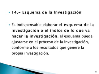 14.- Esquema de la Investigación Es indispensable elaborar  el esquema de la investigación o el índice de lo que va hacer la investigación , el esquema puede ajustarse en el proceso de la investigación, conforme a los resultados que genere la propia investigación. 