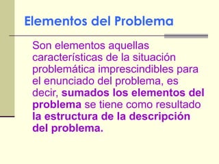 Elementos del Problema   Son elementos aquellas características de la situación problemática imprescindibles para el enunciado del problema, es decir,  sumados los elementos del problema  se tiene como resultado  la estructura de la descripción del problema. 