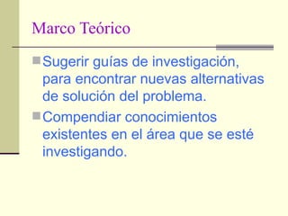 Marco Teórico Sugerir guías de investigación, para encontrar nuevas alternativas de solución del problema. Compendiar conocimientos existentes en el área que se esté investigando. 