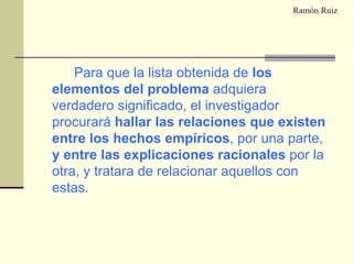 Ramón Ruiz Para que la lista obtenida de  los elementos del problema  adquiera verdadero significado, el investigador procurará  hallar las relaciones que existen entre los hechos empíricos , por una parte,  y entre las explicaciones racionales  por la otra, y tratara de relacionar aquellos con estas. 