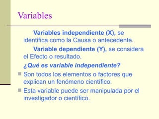 Variables Variables independiente (X),  se identifica como la Causa o antecedente. Variable dependiente (Y),  se considera el Efecto o resultado. ¿Qué es variable independiente? Son todos los elementos o factores que explican un fenómeno científico. Esta variable puede ser manipulada por el investigador o científico. 