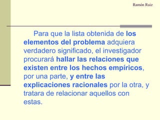 Ramón Ruiz Para que la lista obtenida de  los elementos del problema  adquiera verdadero significado, el investigador procurará  hallar las relaciones que existen entre los hechos empíricos , por una parte,  y entre las explicaciones racionales  por la otra, y tratara de relacionar aquellos con estas. 