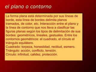 La forma plana está determinada por sus líneas de
borde, esta línea de bordes delimita planos
tramados, de color, etc. Interacción entre el plano y
la línea de contorno que nos lleva a clasificar las
figuras planas según los tipos de delimitación de sus
bordes: geométricos, lineales, gestuales. Entre los
contornos geométricos: el cuadrado, el círculo el
triángulo equilátero.
Cuadrado: torpeza, honestidad, rectitud, esmero.
Triángulo: acción, conflicto, tensión.
Círculo: infinitud, calidez, protección.
La forma plana está determinada por sus líneas de
borde, esta línea de bordes delimita planos
tramados, de color, etc. Interacción entre el plano y
la línea de contorno que nos lleva a clasificar las
figuras planas según los tipos de delimitación de sus
bordes: geométricos, lineales, gestuales. Entre los
contornos geométricos: el cuadrado, el círculo el
triángulo equilátero.
Cuadrado: torpeza, honestidad, rectitud, esmero.
Triángulo: acción, conflicto, tensión.
Círculo: infinitud, calidez, protección.
el plano o contorno
 