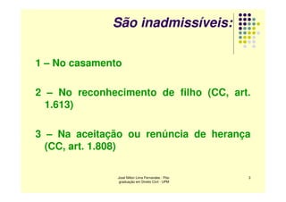 São inadmissíveis:

1 – No casamento

2 – No reconhecimento de filho (CC, art.
  1.613)

3 – Na aceitação ou renúncia de herança
  (CC, art. 1.808)

               José Nilton Lima Fernandes - Pós-   3
                graduação em Direito Civil - UPM
 