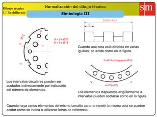 Dibujo técnico
1.º Bachillerato
Normalización del dibujo técnico
Cuando una cota está dividida en varias
iguales, se acota como en la figura.
Los intervalos circulares pueden ser
acotados indirectamente por indicación
del número de elementos.
Los elementos dispuestos angularmente a
intervalos pueden acotarse como en la figura.
Cuando haya varios elementos del mismo tamaño para no repetir la misma cota se pueden
acotar como se indica o utilizarse letras de referencia.
Simbología III
 