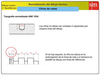 Dibujo técnico
1.º Bachillerato
Normalización del dibujo técnico
Las cifras no deben ser cortadas ni separadas por
ninguna línea del dibujo.
Si no hay espacio, la cifra se coloca en la
prolongación de la línea de cota y si tampoco es
posible se dibuja una línea de referencia.
Tipografía normalizada UNE 1034
Cifras de cotas
 