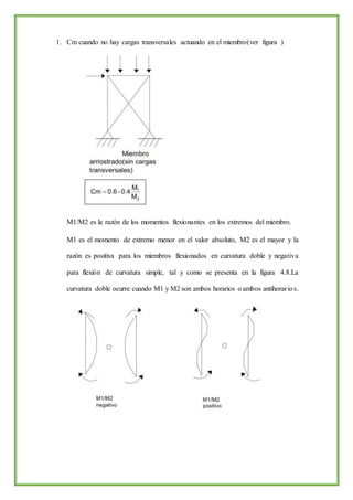 1. Cm cuando no hay cargas transversales actuando en el miembro(ver figura )
M1/M2 es la razón de los momentos flexionantes en los extremos del miembro.
M1 es el momento de extremo menor en el valor absoluto, M2 es el mayor y la
razón es positiva para los miembros flexionados en curvatura doble y negativa
para flexión de curvatura simple, tal y como se presenta en la figura 4.8.La
curvatura doble ocurre cuando M1 y M2 son ambos horarios o ambos antihorarios.
 