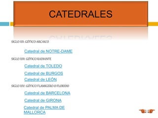 CATEDRALES
SIGLO XII: GÓTICO ARCAICO
SIGLO XIII: GÓTICO RADIANTE
SIGLO XIV: GÓTICO FLAMIGERO O FLORIDO
Catedral de BARCELONA
Catedral de TOLEDO
Catedral de BURGOS
Catedral de LEÓN
Catedral de NOTRE-DAME
Catedral de GIRONA
Catedral de PALMA DE
MALLORCA
 