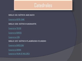 Catedrales
Siglo XII: GÓTICO ARCAICO
Siglo XIII: GÓTICO radiante
Siglo XIV: GÓTICO flamígero florido
Catedral de NOTRE-DAME
Catedral de TOLEDO
Catedral de BURGOS
Catedral de LEÓN
Catedral de BARCELONA
Catedral de GIRONA
Catedral de PALMA DE MALLORCA
 