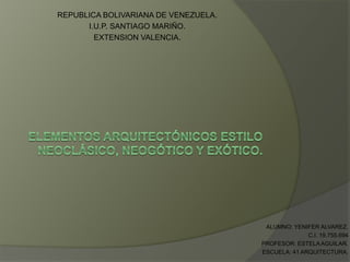 REPUBLICA BOLIVARIANA DE VENEZUELA.
I.U.P. SANTIAGO MARIÑO.
EXTENSION VALENCIA.
ALUMNO: YENIFER ALVAREZ.
C.I. 19.755.694
PROFESOR: ESTELAAGUILAR.
ESCUELA: 41 ARQUITECTURA.
 