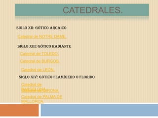 CATEDRALES.
Siglo XII: GÓTICO ARCAICO
Catedral de TOLEDO.
SIGLO XIII: GÓTICO RADIANTE
SIGLO XIV: GÓTICO FLAMÍGERO O FLORIDO
Catedral de NOTRE DAME.
Catedral de BURGOS.
Catedral de LEÓN.
Catedral de
BARCELONA.Catedral de GIRONA.
Catedral de PALMA DE
MALLORCA.
 