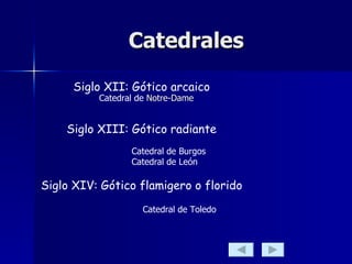 Catedrales Siglo XII: Gótico arcaico Siglo XIII: Gótico radiante Siglo XIV: Gótico flamigero o florido Catedral de  Notre -Dame Catedral de Burgos Catedral de León Catedral de Toledo 