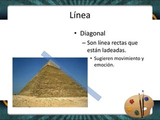 Línea<br />Diagonal<br />Son línea rectas que están ladeadas.<br />Sugieren movimiento y emoción. <br />