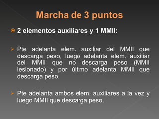 2 elementos auxiliares y 1 MMII: Pte adelanta elem. auxiliar del MMII que descarga peso, luego adelanta elem. auxiliar del MMII que no descarga peso (MMII lesionado) y por último adelanta MMII que descarga peso. Pte adelanta ambos elem. auxiliares a la vez y luego MMII que descarga peso. 