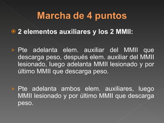 2 elementos auxiliares y los 2 MMII: Pte adelanta elem. auxiliar del MMII que descarga peso, después elem. auxiliar del MMII lesionado, luego adelanta MMII lesionado y por último MMII que descarga peso. Pte adelanta ambos elem. auxiliares, luego MMII lesionado y por último MMII que descarga peso. 