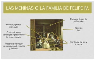 LAS MENINAS O LA FAMILIA DE FELIPE IV. 
Presenta líneas de profundidad 
Foco de luz 
Presencia de mayor espontaneidad, colorido y frescura 
Contraste de luz y sombra. 
Composiciones complejas y predominio de ritmos curvos 
Rostros y gestos expresivos  